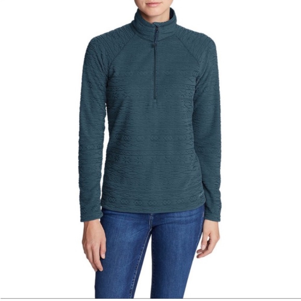 Eddie Bauer Blue Diamond Pattern Fleece Turtleneck 1/4 Zip Sweater Size Medium